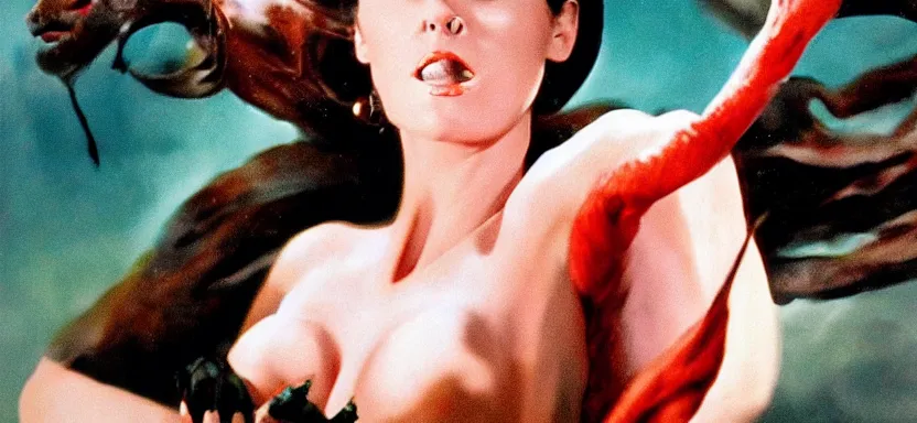 Image similar to a beautiful woman fighting a monster film still from a roger corman film, hyperrealistic