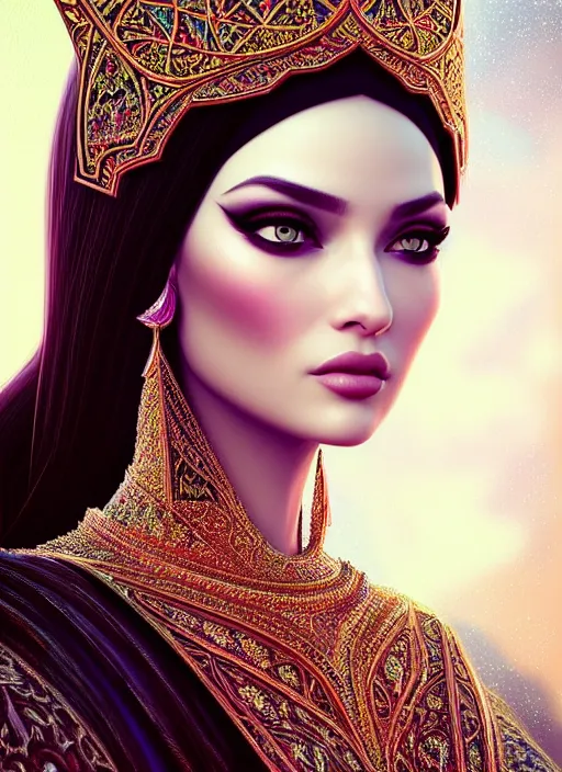 Prompt: portrait of arabic princess, intricate, technology, sharp focus, octane render, realistic, detailed, beautiful, unreal engine, symmetrical!!, maybelline, sephora, loreal, artstation, art by artgerm, rossdraws, art by karol bak, makeup by pat mcgrath, cinematic, concept art, filmic, vsco