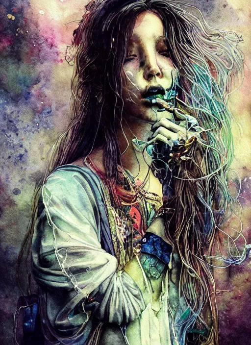 Image similar to portrait, beautiful Stoner hippy girl, sitting down, smoking a magical bong, watercolor, dramatic lighting, cinematic, establishing shot, extremely high detail, foto realistic, cinematic lighting, pen and ink, intricate line drawings, by Yoshitaka Amano, Ruan Jia, Kentaro Miura, Artgerm, post processed, concept art, artstation, matte painting, style by eddie mendoza, raphael lacoste, alex ross