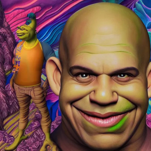 Prompt: a detailed painting of a shrek poorly disguised as vin diesel by Junji ito and Lisa frank, mobius, giger, escher, muted color scheme, artstation,8k,artstationHD,artstationHQ, cinematic, diffuse lighting