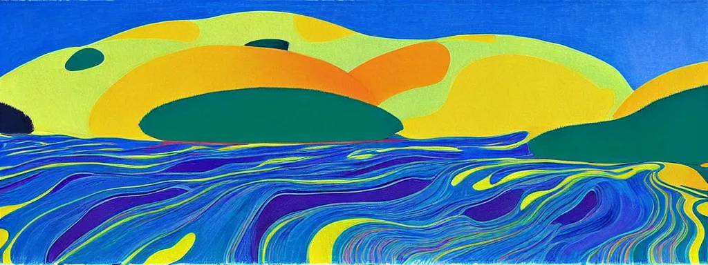 Image similar to Psychedelic sci-fi dreamworld. Landscape painting. Organic. Winding rushing water. Waves. Clouds. Landscape by Alex Katz. Wayne Thiebaud. Matisse.