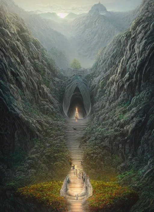 Image similar to Rivendell Himeji hallucination, amazing concept painting, by Jessica Rossier A gleaming white opera hall fortress overlooks a fertile valley, brutalist deak ferrand Jean-pierre Ugarte bases, garden of eden, by HR giger by Beksinski,