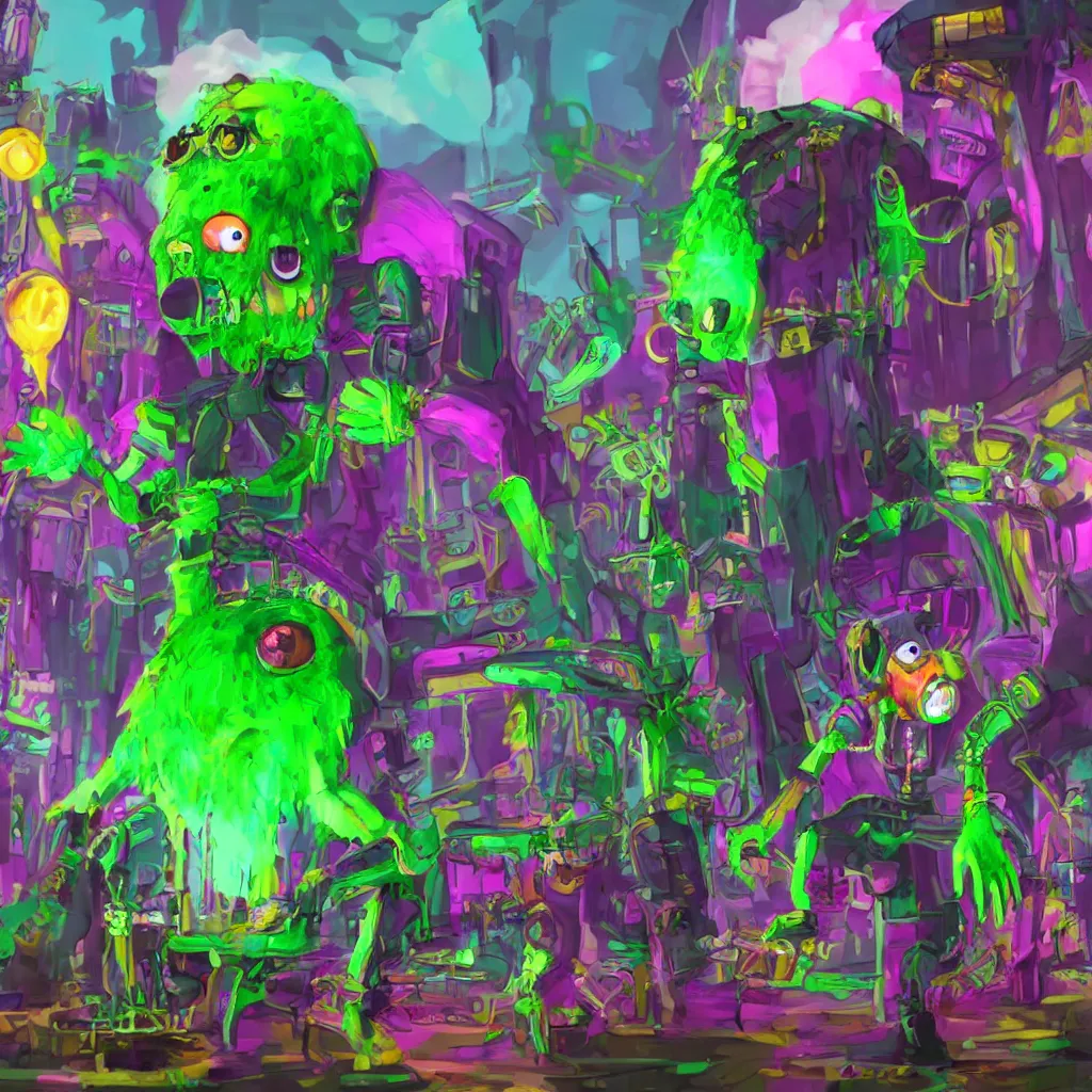 Prompt: a punk monster made of toxic candy play in the metaverse, 16 K 3D ultrarealistic futuristic utopian and dystopian art, cry engine