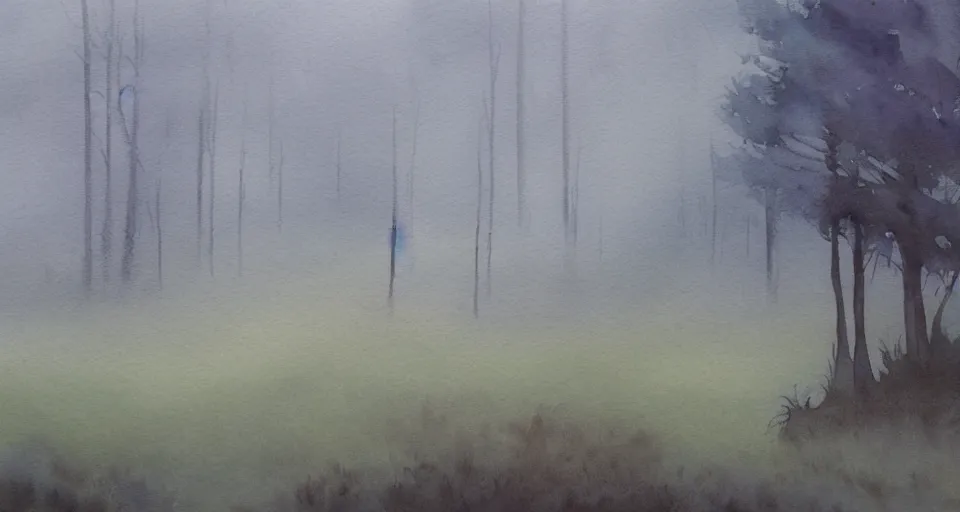 Image similar to watercolor painting of a forest in the fog by the ocean, peaceful,