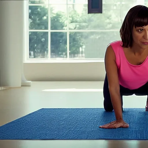 Prompt: photo of Rashida Jones doing the downward dog pose in the Citibank ad