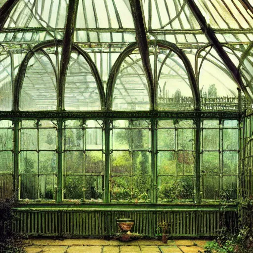 Prompt: a beautiful painting of a large overgrown victorian greenhouse with an eerie green translucent ghost and with large windows, warm lights, evening, stunningly beautiful architecture, by john atkinson grimshaw