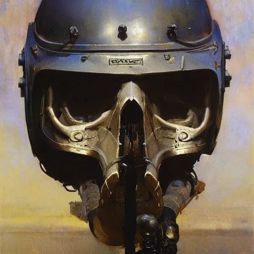 Image similar to portrait of deep sea diver helmet, detailed skull face, detailed painting, epic lighting, by ilya repin, phil hale and kent williams