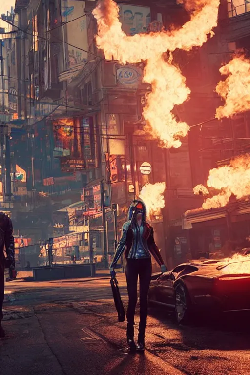 Prompt: in the foreground a street of Saint Petersburg, in the background a blond woman spitting flames with her hands wearing a long jacket like a matrix, realistic, high definition, many details, dramatic scene, detailed and realistic hands, symmetrical face, eyes realistic, art of cyberpunk 2077