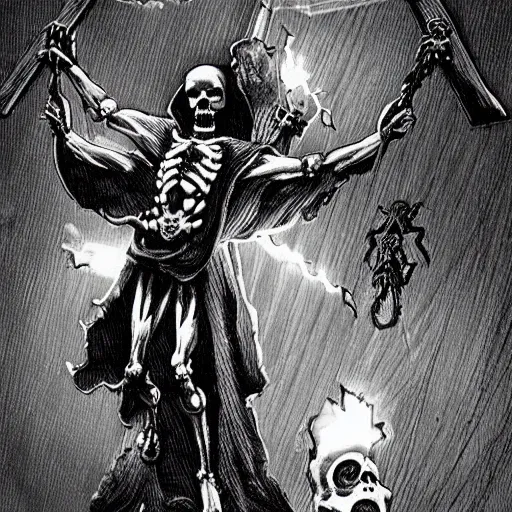 Image similar to A crucifix made of light, with two evil skeletons on both sides being burnt by its light. Dark Fantasy, Film Noir, Black and White. High Contrast, Mike Mignola, D&D, OSR