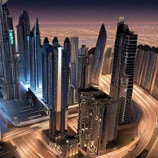 Image similar to dubai_metaverse_unreal 5_ultrarealistic_future cities_modern_architecture_detailed_night view