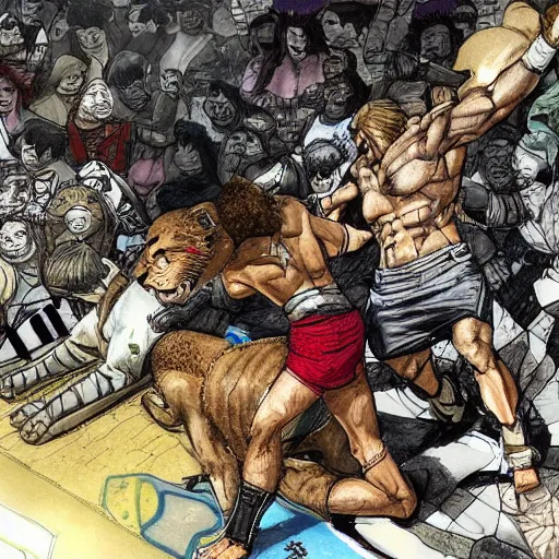 Image similar to one hero wrestling against a lion in the middle of an arena, crowd of people, pencil art, added detail, high definiton, colored, aerial view, blood, yoji shinkawa