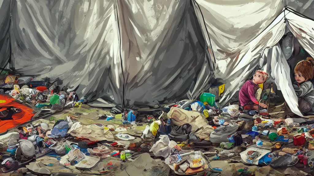 Image similar to an illustration of the inside of a messy camping tent, with a kid sitting in the corner, waste everywhere, high contrast, highly detailed, sharp focus, digital painting, illustration, trending on artstation,