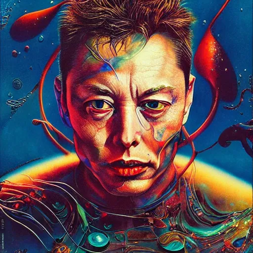 Image similar to UHD photorealistic Elon Musk as an alien from dimension x, by Ayami Kojima, Amano, Karol Bak, Mark Brooks, tonalism, rich deep colors. Beksinski painting, art by Adrian Ghenie and Gerhard Richter. art by Takato Yamamoto. masterpiece