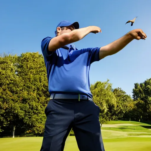 Prompt: man golfing and pointing to a bird who stole the ball, audience looking and laughing