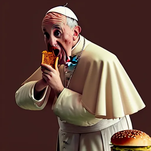 Image similar to Portrait of The Pope eating a big mac, anger, mystery, fear, highly detailed, ominous vibe, smoke, octane render, cgsociety, artstation, trending on ArtStation, by Marie Magny