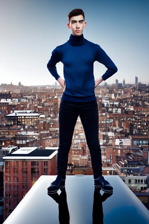 Image similar to un ultra high definition studio quality photographic art portrait of a young man standing on the rooftop of a british apartment building wearing soft padded silver pearlescent clothing. three point light. extremely detailed. golden ratio, ray tracing, volumetric light, shallow depth of field. set dressed.