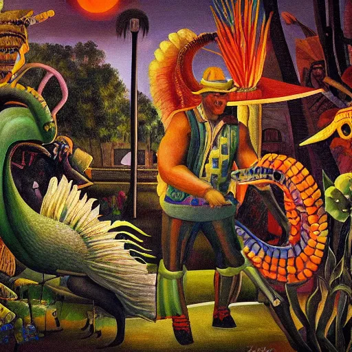 Image similar to high quality, high detail painting, dutch masterpiece, darryl mccray, film noir, diego rivera, high garden scene with quetzalcoatl at night, hd, muted lighting