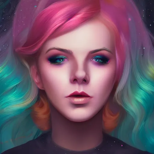 Image similar to portrait of a woman inspired by lois van baarle, charlie bowater, illustration, iridescent, iridescent hair, face, hair styles, light makeup, glitter, self confidence, cinematic 8 k