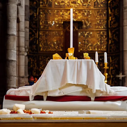 Prompt: Ceremony of a soft ice ice cream on an altar during a Latin Rite Catholic Church Service in a Medieval Cathedral