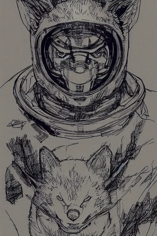 Prompt: portrait of a man in kitsune demon fox mask and black suit wearing astronaut helmet, pen and ink, intricate line drawings, by craig mullins, ruan jia, kentaro miura, greg rutkowski