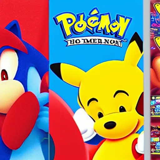 Image similar to photograph of winnie the pooh and super mario and sonic the hedgehog anime style, on pokemon card packs at target