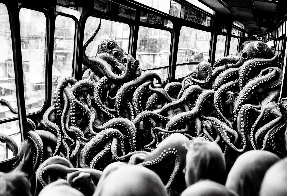 Image similar to 1 6 mm lens photo of a interior of a crowded bus in a moment of terror, there is a huge monster octopus trying to break in, octopus beak can be seen, arms creeping in thrugh the windows, people are scared and screaming while trying to flee through the windows and doors,