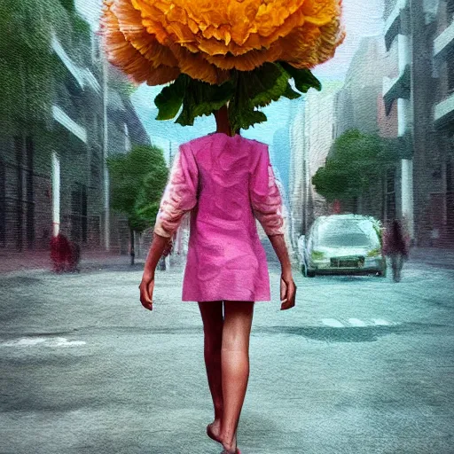 Image similar to giant carnation flower head, woman walking between luxury apartments, surreal photography, sunlight, impressionist painting, digital painting, artstation, simon stalenhag