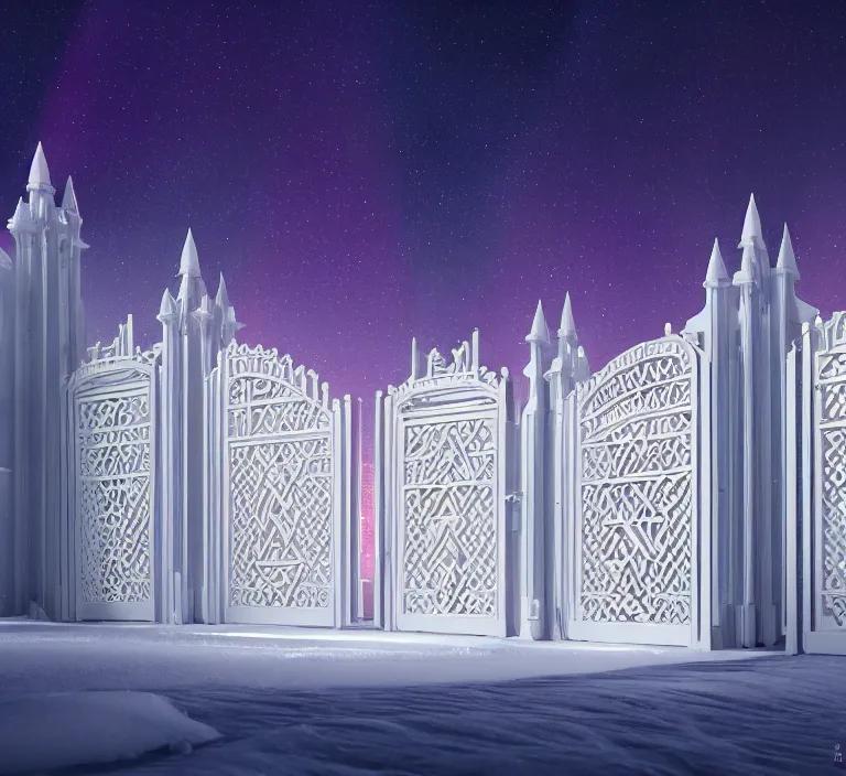 Image similar to a very detailed concept art of intricate and well designed white gates to aurora borealis infused with magic by wes anderson, dynamic lighting trending on artstation, symmetry, digital art, 4 k, hyper realistic, octane render, sharp focus