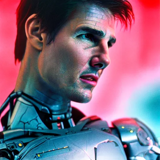 Prompt: photo of Tom cruise as cyborg, cinestill, 800t, 35mm, full-HD