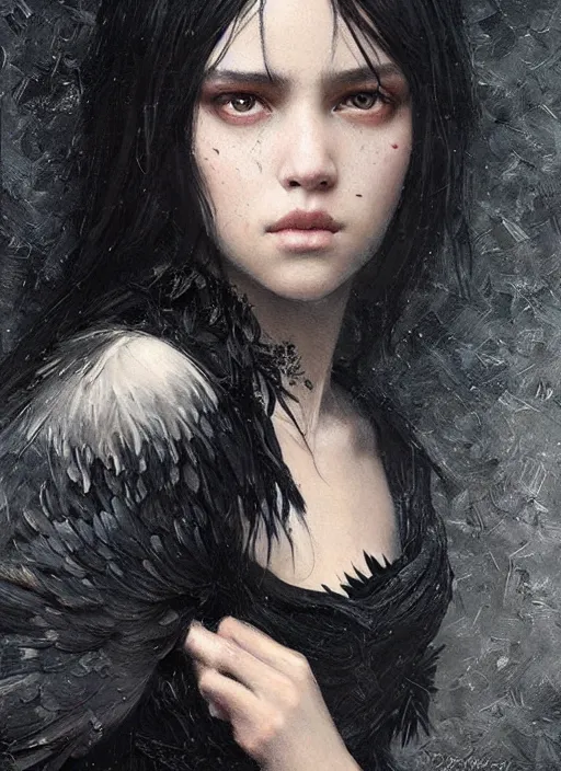 Prompt: a teenage girl with very short black hair and a huge cloak made of black raven feathers. beautiful highly detailed face. beautiful painting by greg rutkowski