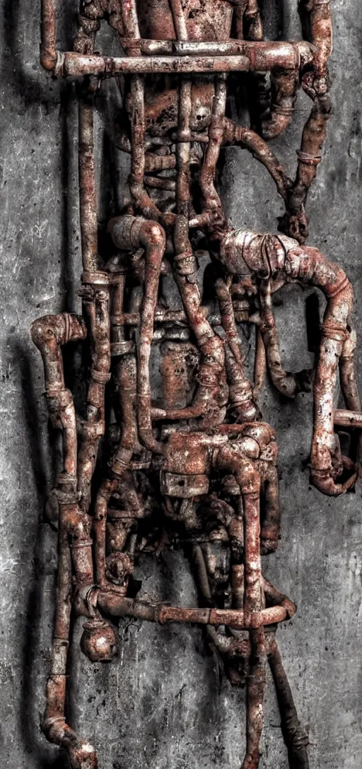 Prompt: a disfigured humanoid figure made out of rusty pipes and machinery, horror, body horror, creepy, dark, disturbing, unsettling, hyperrealistic, dramatic,