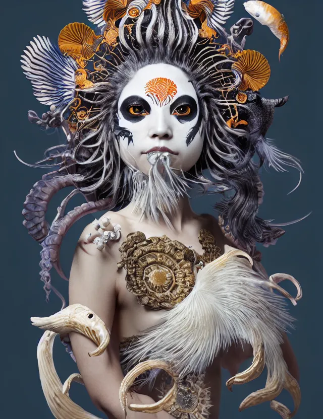 Image similar to 3 d goddess half - turn portrait with ram skull. beautiful intricately detailed japanese crow kitsune mask and clasical japanese kimono. betta fish, jellyfish phoenix, bio luminescent, plasma, ice, water, wind, creature, artwork by tooth wu and wlop and beeple and greg rutkowski