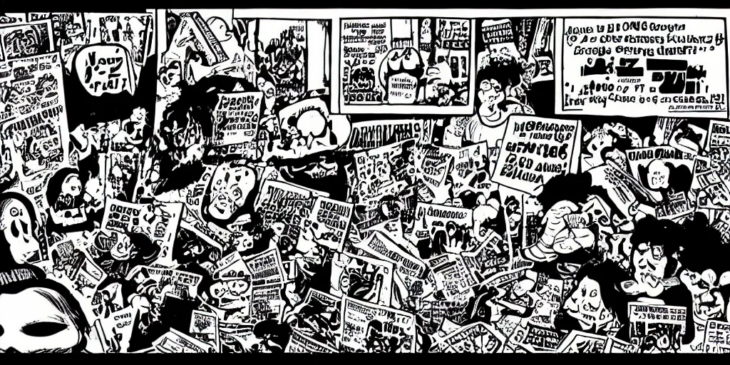 Image similar to zine of an underground comic book, black and white, diy, comic art, robert crumb, underground, punk