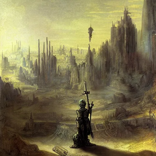 Prompt: a futuristic city in a martian landscape with an alien holding a sword by rembrandt van rijn