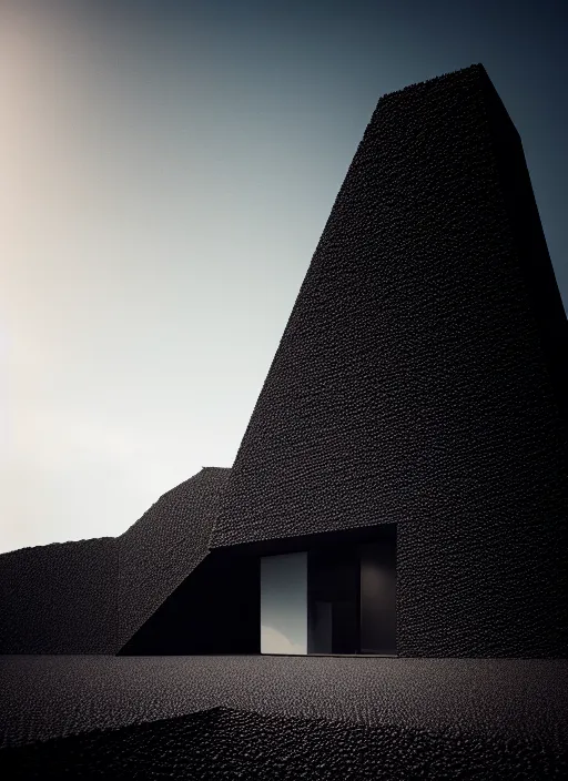 Image similar to tall black geometric house, embedded in lava cliff, full view, black house, molten metal house, minimal, rippled white landscape, dwarven architecture, light from molten iron, octane render, hyper realistic, 8 k, octane render,