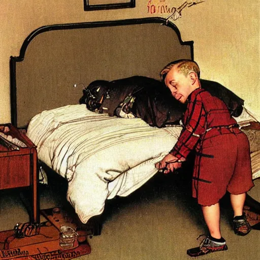 Image similar to A kid hitting pots to wake up his brother , art by Norman Rockwell