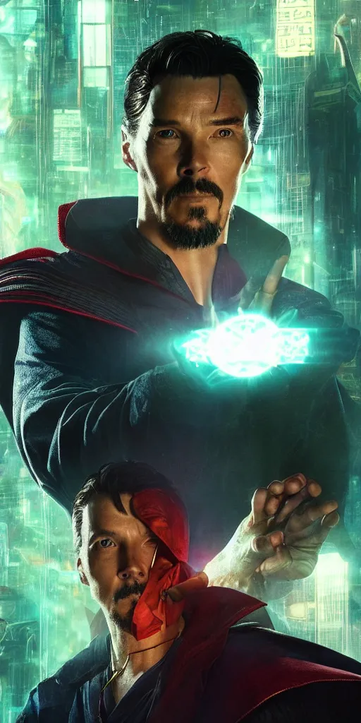 Image similar to cyberpunk, dr strange, photograph, cinematic,