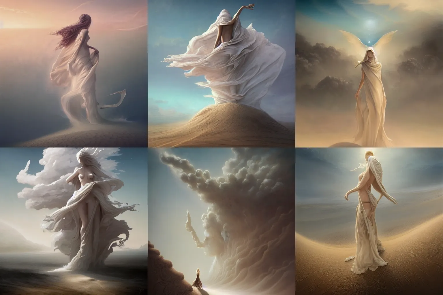 Prompt: a swirling angelic figure shrouded in mist emerges from an extensive dune scape, windswept, sand, rocks, sparse vegetation, distant cityscape, distant ocean, contrejour lighting, high contrast, highly detailed, a matte painting by Peter Mohrbacher and Filip Hodas