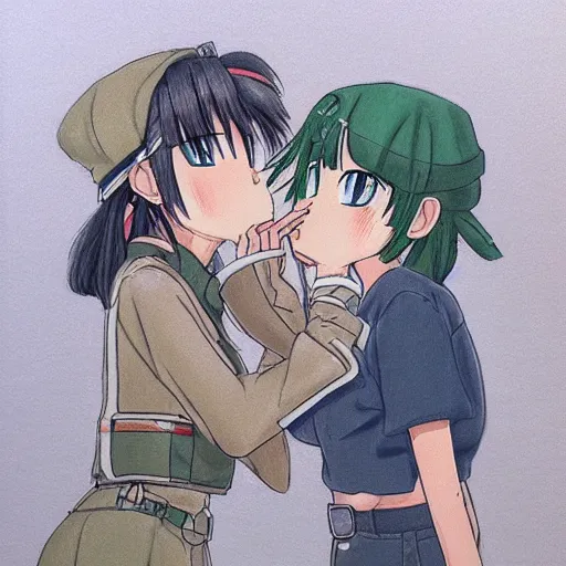 Image similar to colored pencil sketch of girls last tour chito and yuuri kissing