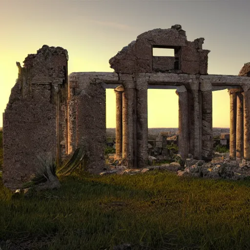 Image similar to 8 k hd detailed octane render of an ancient ruin at twilight