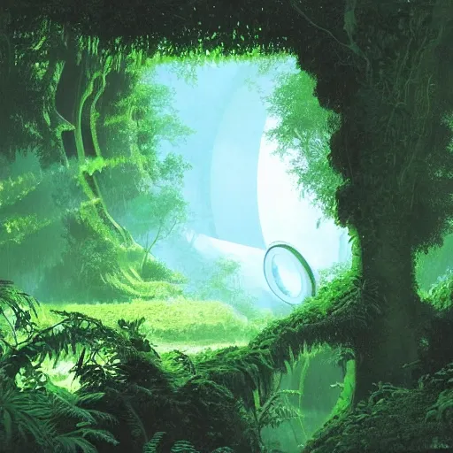 Prompt: portal in a middle of a lush futuristic forest, alien world seen through a portal, syd mead, john harris