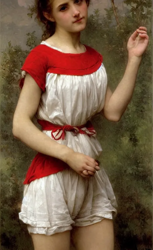 Prompt: portrait of athletic girl, red and white dress, hd, realistic, bouguereau