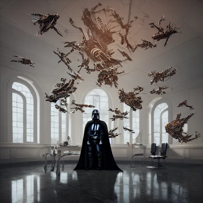 Image similar to portrait of darth vader in the oval office. intricate abstract. intricate artwork. by tooth wu, wlop, beeple, dan mumford. octane render, trending on artstation, greg rutkowski very coherent symmetrical artwork. cinematic, hyper realism, high detail, octane render, 8 k, iridescent accents