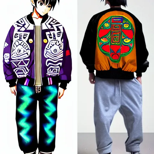 Image similar to majora majora's mask wearing oversized mayan bomber jacket with overalls, bulky poofy bomber jacket with mayan patterns, aztec street fashion, genshin impact art style, gapmoe yandere grimdark, trending on pixiv fanbox, painted by greg rutkowski makoto shinkai takashi takeuchi studio ghibli, akihiko yoshida