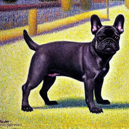 Prompt: black french bulldog by seurat georges