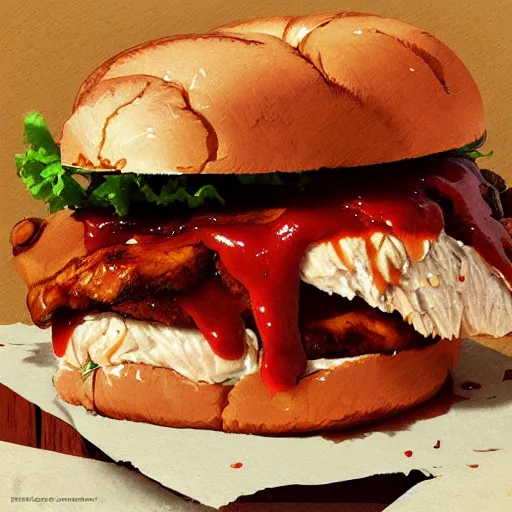 Image similar to a tender chicken sandwich covered in barbecue sauce, Greg Rutkowski