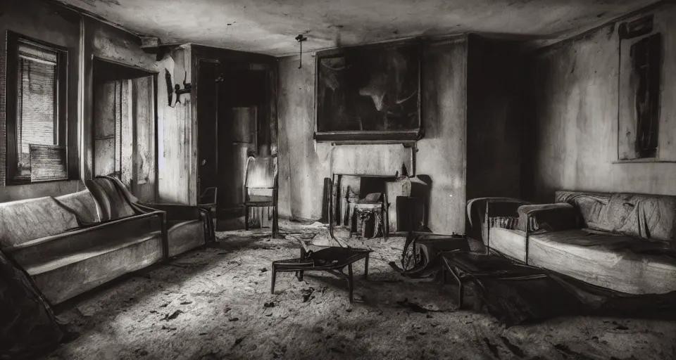 Prompt: Inside a Creepy Dark Living Room, liminal space