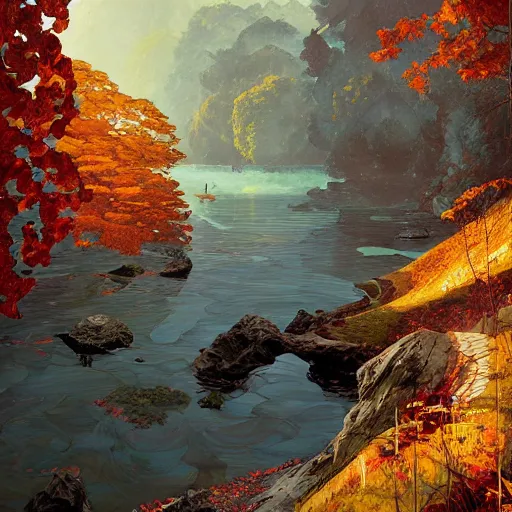 Prompt: river cliff autumn cryengine render detailed digital art art nouveau hyper realism by victo ngai, m. c. escher, greg rutkowski, leonid afremov, moebius, john stephens, tim white, frank gehry