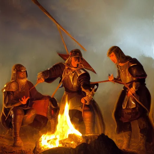 Image similar to a painting of medieval knights toasting marshmallows and making s'mores around the campfire in the style of howard pyle. volumetric lighting. 8 k resolution. best detail. trending on artstation trending on deviantart