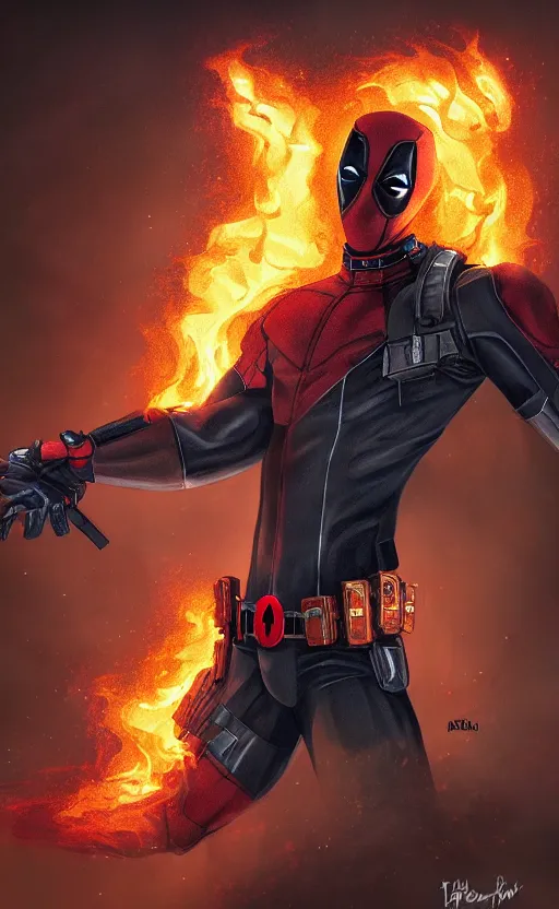 Image similar to deadpool as ghost rider, dynamic lighting, photorealistic fantasy concept art, trending on art station, stunning visuals, terrifying, creative, cinematic